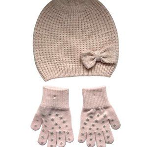 H&M Girls Light Pink Knit Hat with Bow Embroidery and Gloves Set, Size 4-8Y